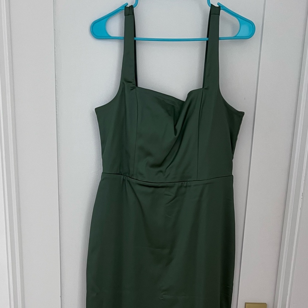 Abercrombie Sculpting Stretch Satin Midi Dress Square-Neck Olive Green - Picture 11 of 12